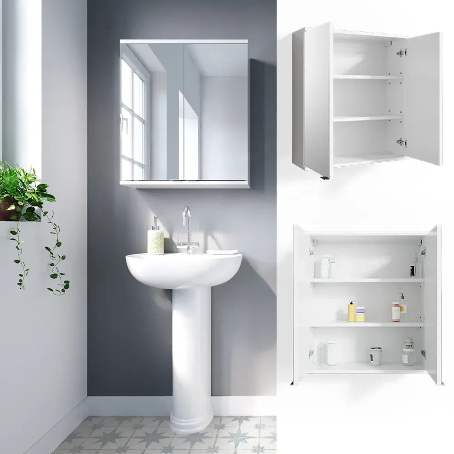 Vicco Badspiegelschrank Roy, weiß, 60x68 cm, mit zwei Spiegeltüren und Innenfächern.
