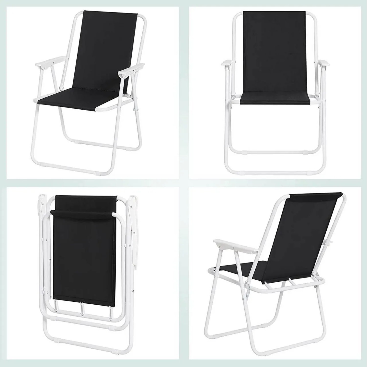 WOLTU 2er Set Campingstühle, faltbar, schwarz, mit weißem Gestell in verschiedenen Ansichten.