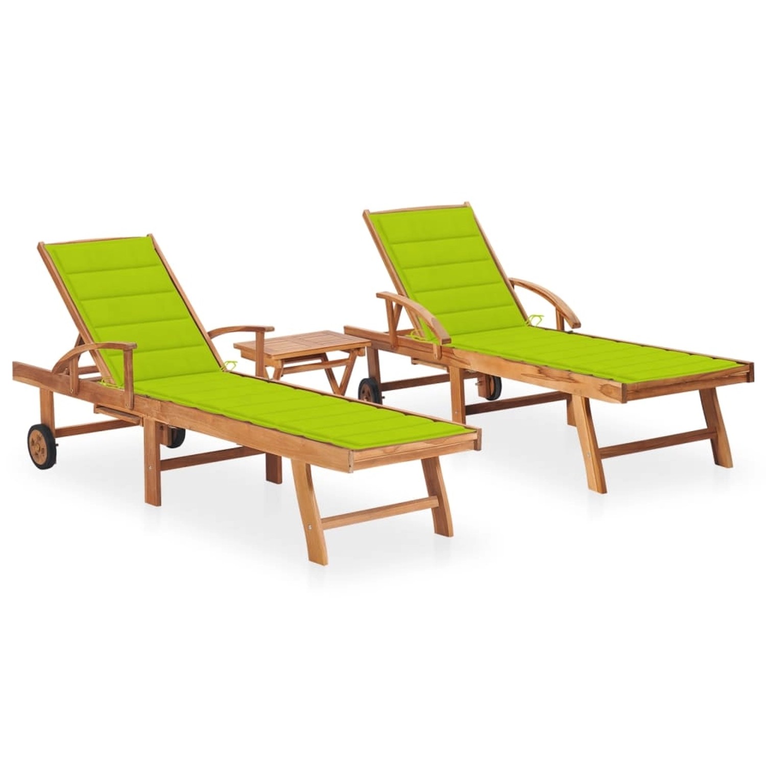 VidaXL Sonnenliegen 2 Stk. mit Tisch und Auflagen Massivholz Teak Kissenfarbe  HellGrün