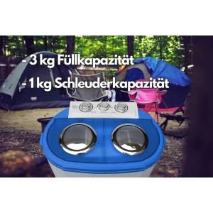 Steinborg Mini-Waschmaschine für Camping, blau-weiß, mit Zelten im Hintergrund.