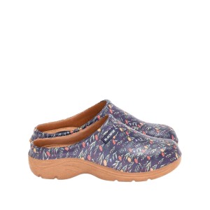 Blaue Blackfox Clog Judy Gr. 38 mit Blumenmuster, ideal als Gartenbekleidung.