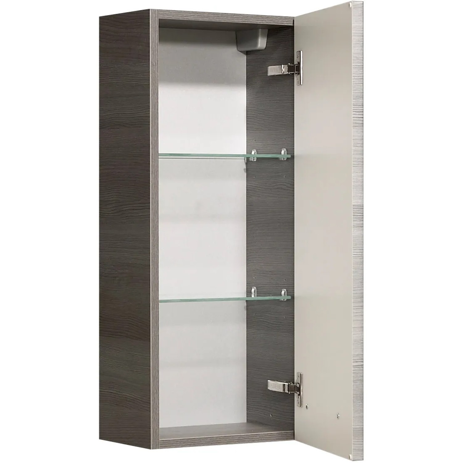 Offener Pelipal Bad-Hängeschrank Quantum 05, Graphit, 30 cm breit, mit zwei Glasböden.