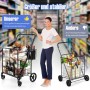 Costway Klapp-Einkaufswagen auf Rollen, schwarz, gefüllt mit Einkäufen im Supermarkt. Frau zeigt auf den großen, stabilen Einkaufsroller.