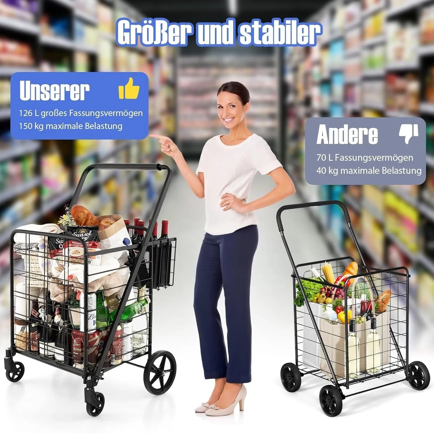 Costway Klapp-Einkaufswagen auf Rollen, schwarz, gefüllt mit Einkäufen im Supermarkt. Frau zeigt auf den großen, stabilen Einkaufsroller.