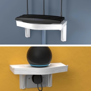 Weiße D-Line Kabel-Organizer-Ablage mit Router und Lautsprecher zur Kabelkanal-Organisation.
