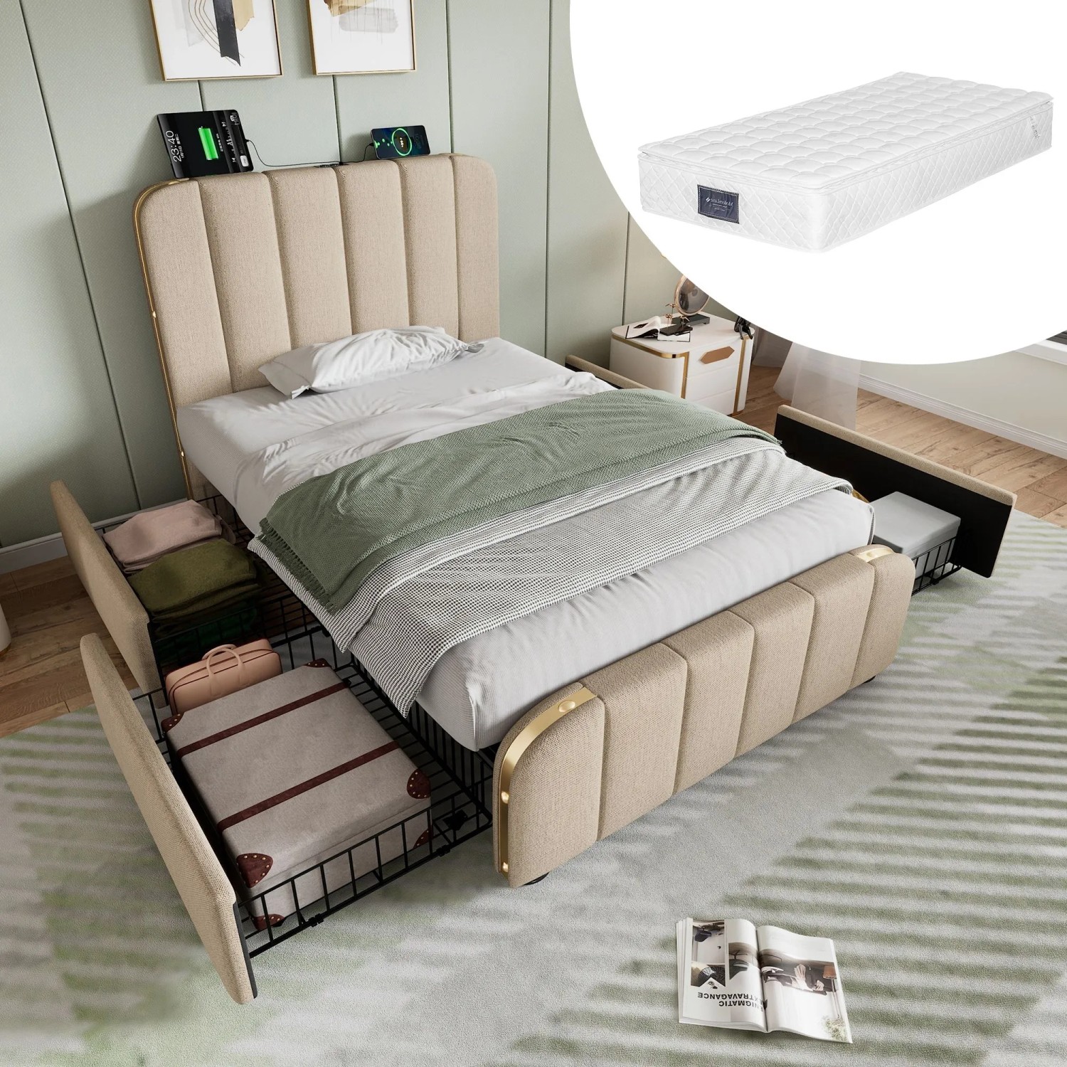 Merax Polsterbett 90x200cm 4 Schubladen USB-C Beige