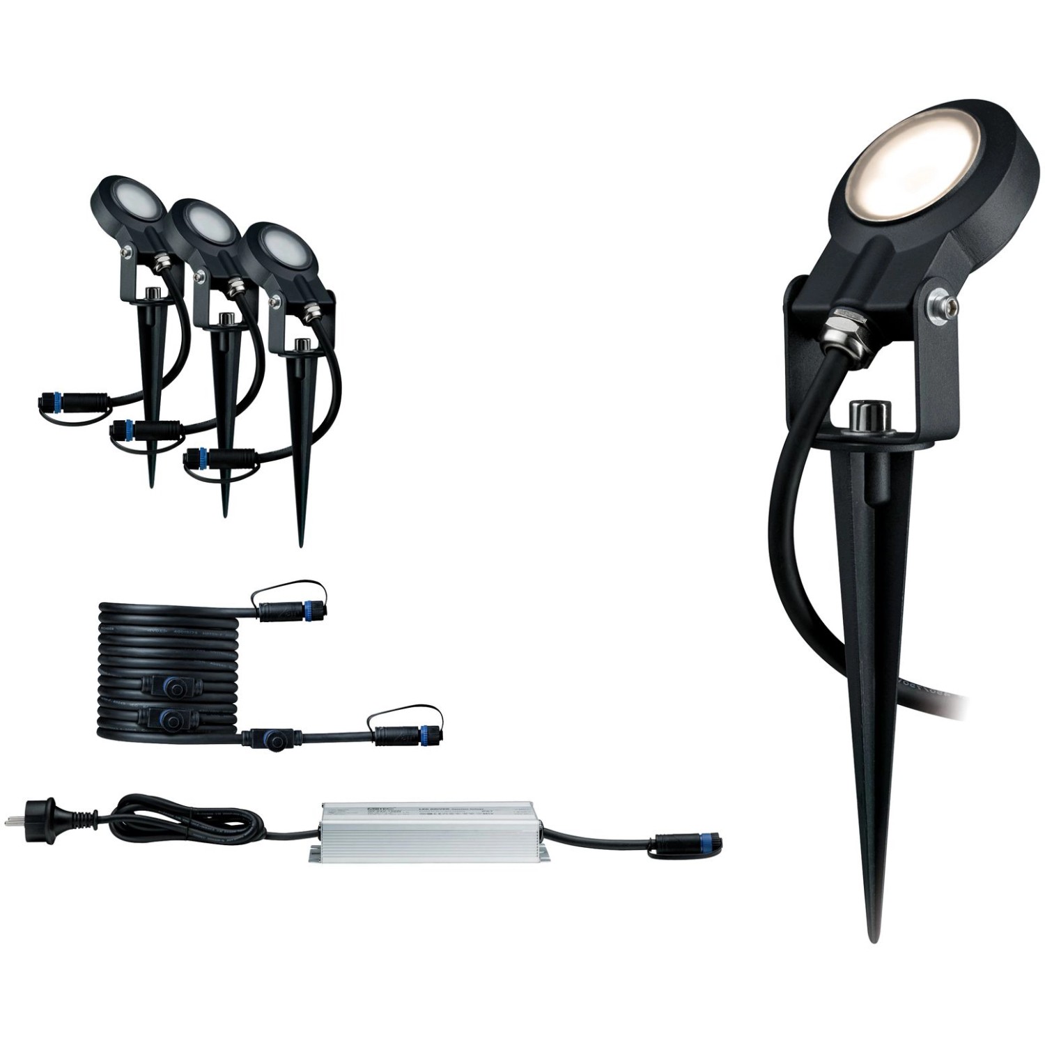 Paulmann Plug&Shine Starter-Set mit 3 LED-Erdspießen, warmweiß, für Außenbeleuchtung.