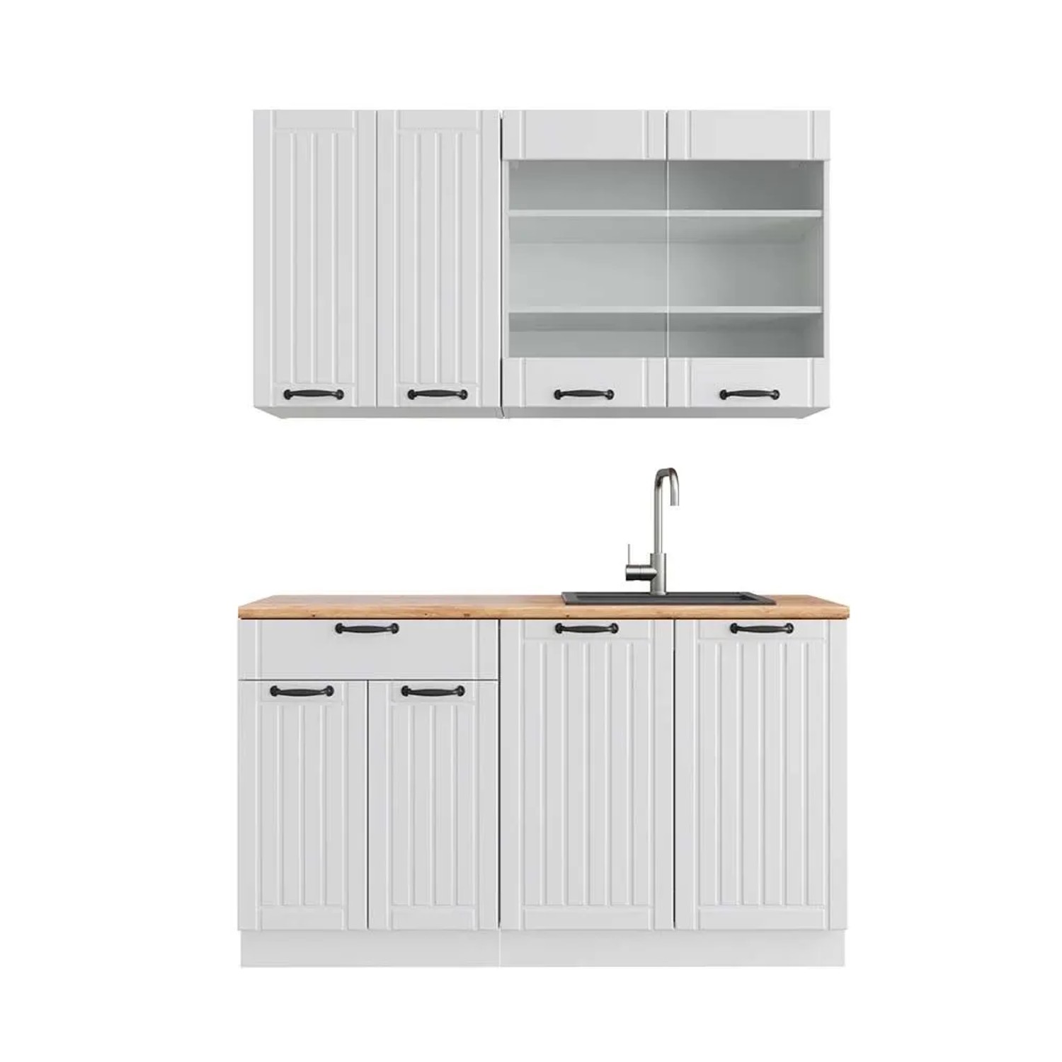 Vicco Fame-Line Singleküche Weiß Landhaus Weiß 140 cm AP Eiche ohne E-Geräte