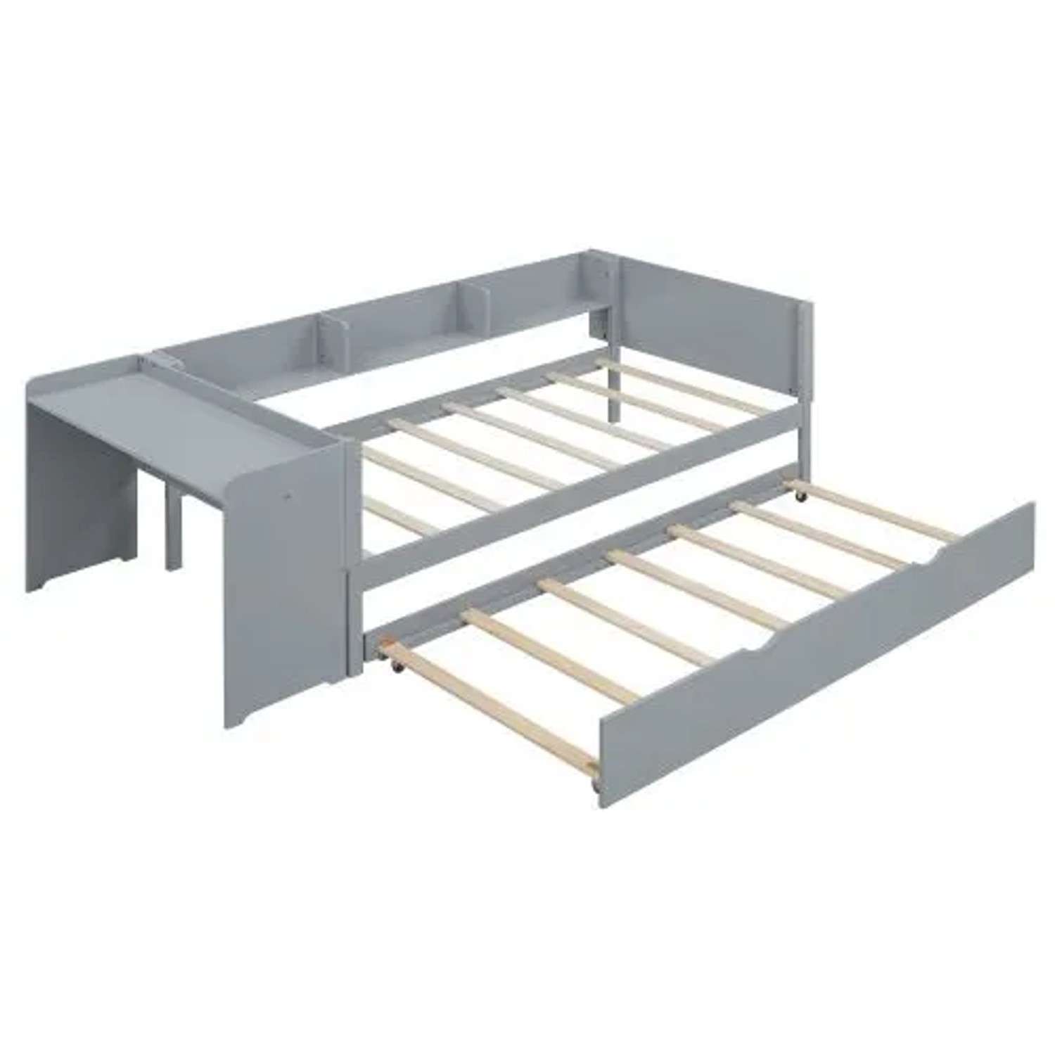 KOMHTOM Ausziehbett 90x200 Cm  Flaches Bett Mit Schreibtisch Und Drei Regalen  Kiefernholz  Grau