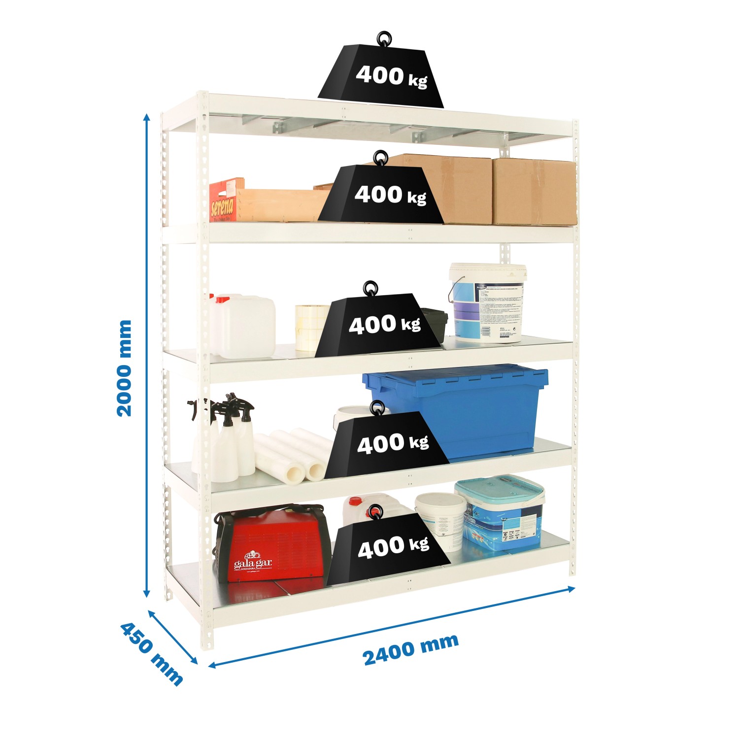 Weißes PROREGAL Schwerlastregal Metal Beast Five (200x240x45cm) mit fünf Böden, belastbar bis 400kg.