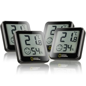 National Geographic Tempy Thermo-Hygrometer 4er Set in Schwarz zur Messung von Temperatur und Luftfeuchtigkeit.