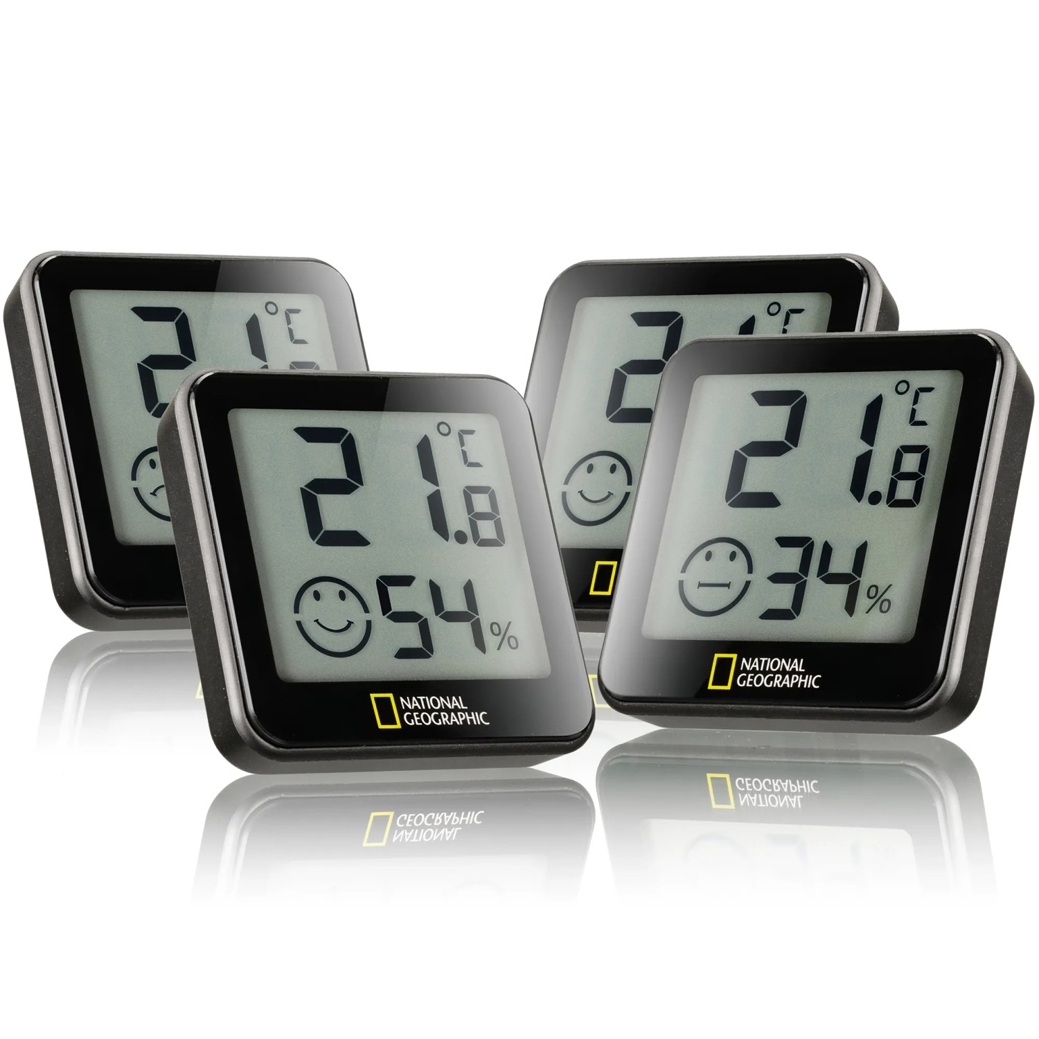National Geographic Tempy Thermo-Hygrometer 4er Set in Schwarz zur Messung von Temperatur und Luftfeuchtigkeit.