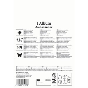 Kiepenkerl Zierlauch 'Ambassador' Blumenzwiebel, Verpackung mit Infos zu Pflanzung und Eigenschaften.