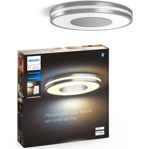 Philips Hue Being Deckenleuchte in Silber mit Dimmer und Verpackung.