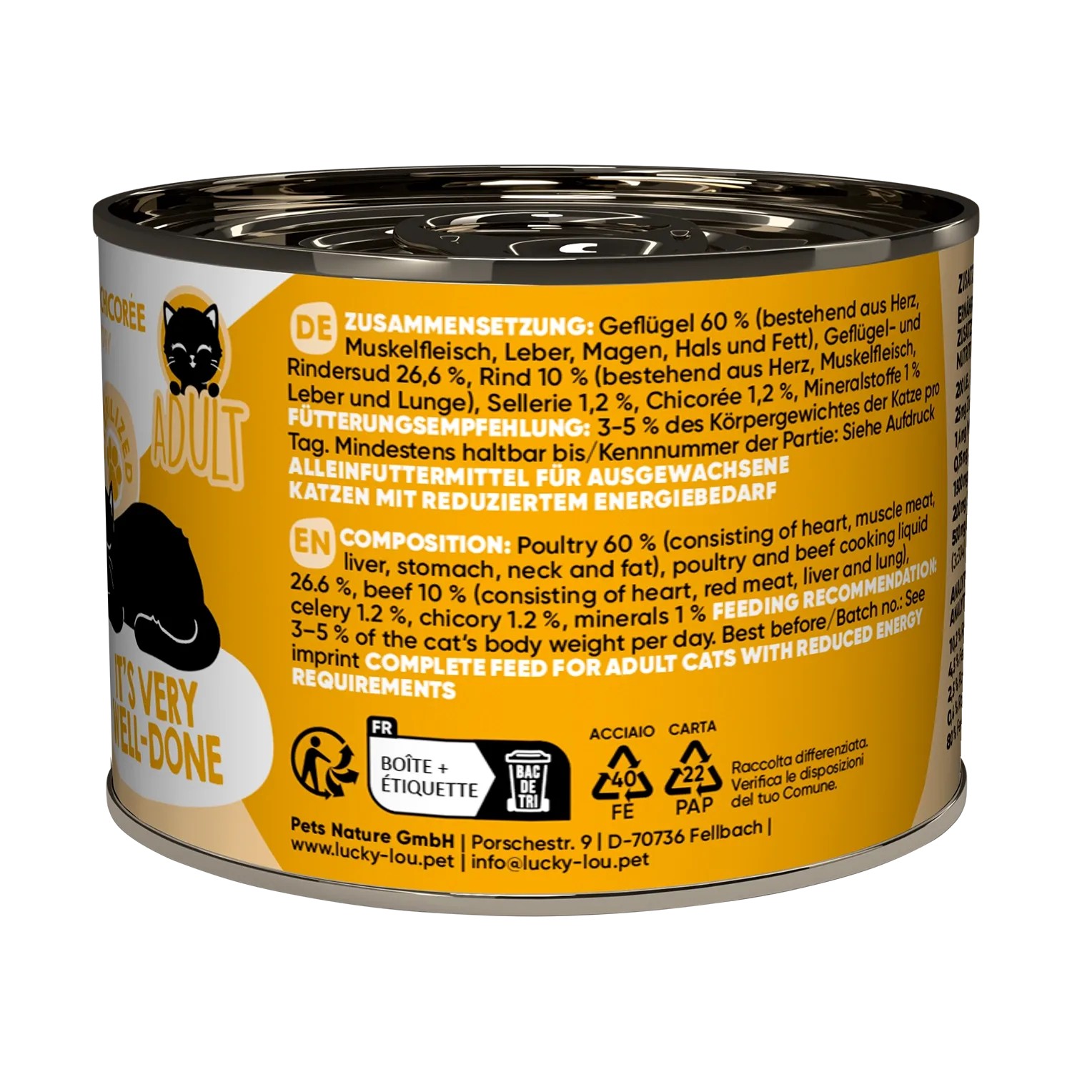 Lucky Lou Katzen-Nassfutter Sterilized Geflügel & Rind, 200g Dose.