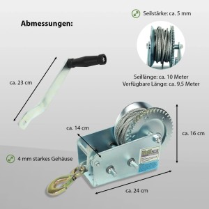 TRUTZHOLM Handseilwinde mit 1130 kg Zugkraft und 10 m Seil, Abmessungen dargestellt.