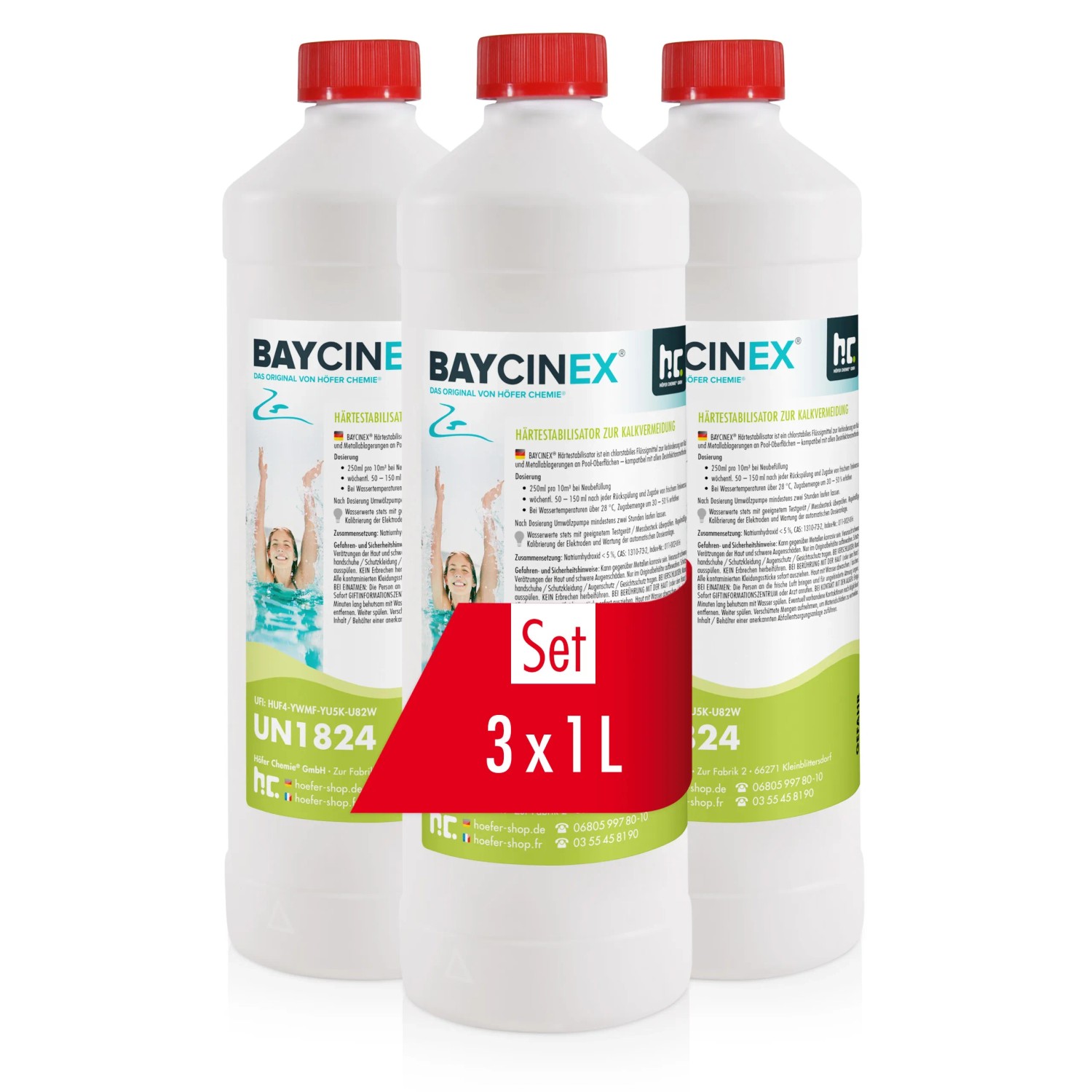 Set aus 3 Flaschen Baycinex Härtestabilisator zur Kalkvermeidung, je 1 Liter.