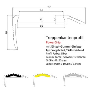 Graues Treppenkantenprofil Power Grip, vorgebohrt, 4,2x2x134 cm, mit Gummieinlage für mehr Sicherheit.