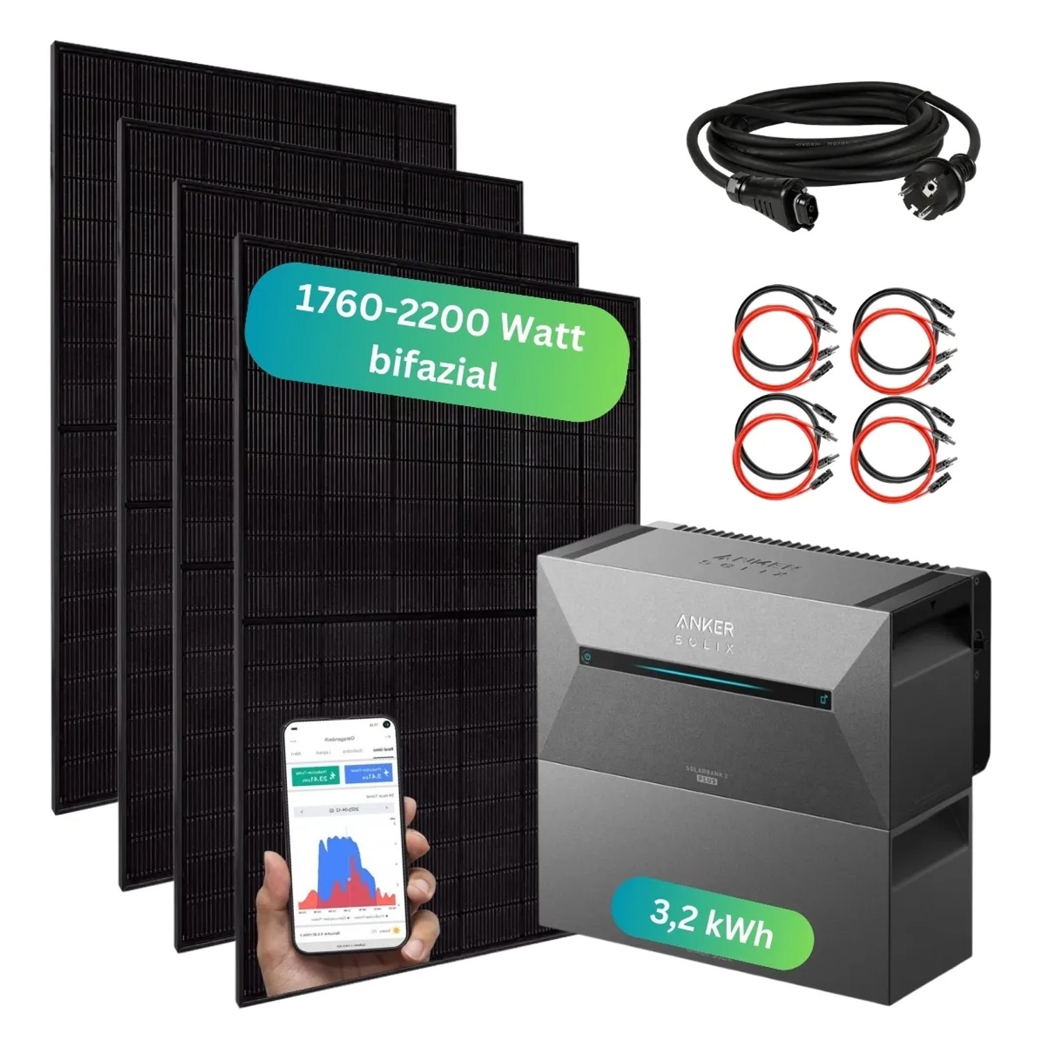 MyVoltaics Balkonkraftwerk Komplettset: 4 Solarmodule, 3,2 kWh Speicher, Kabel und App-Steuerung.
