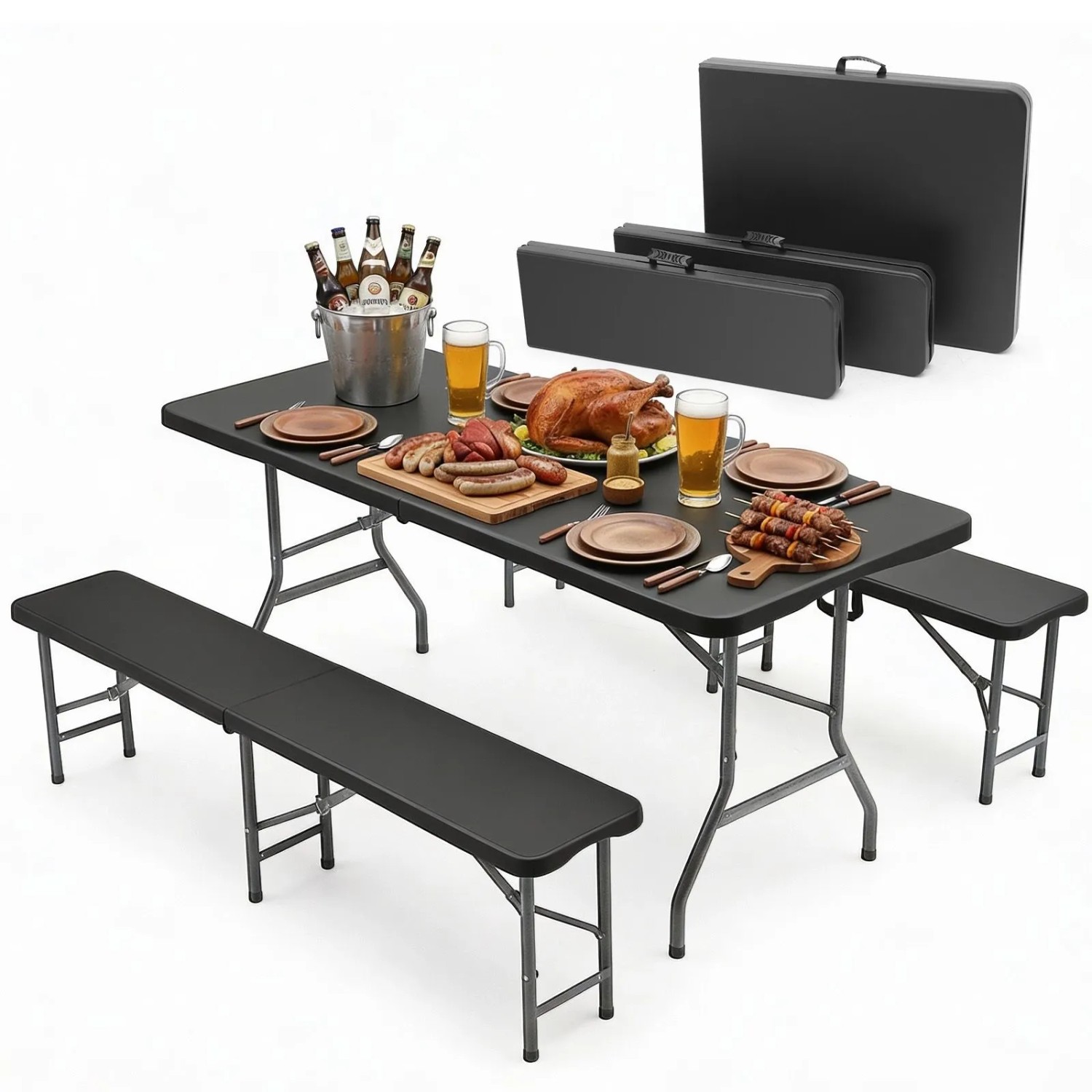 Sekey Bierzeltgarnitur 180 cm Klappbar Set mit 2 Bierbänken und 1 Tisch Schwarz