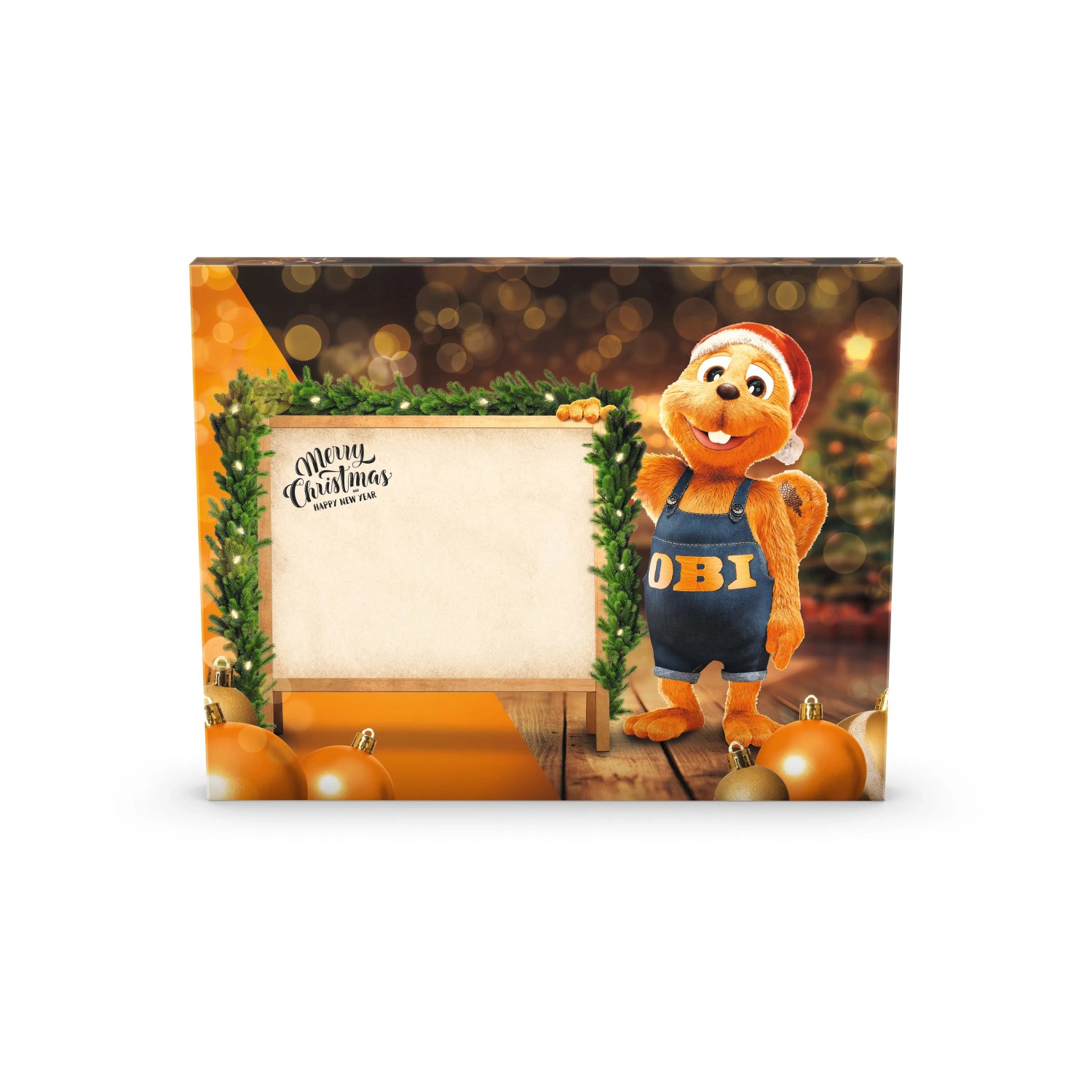 OBI Werkzeug-Adventskalender mit OBI Biber und Platz für Widmung. Ideal für Heimwerker.