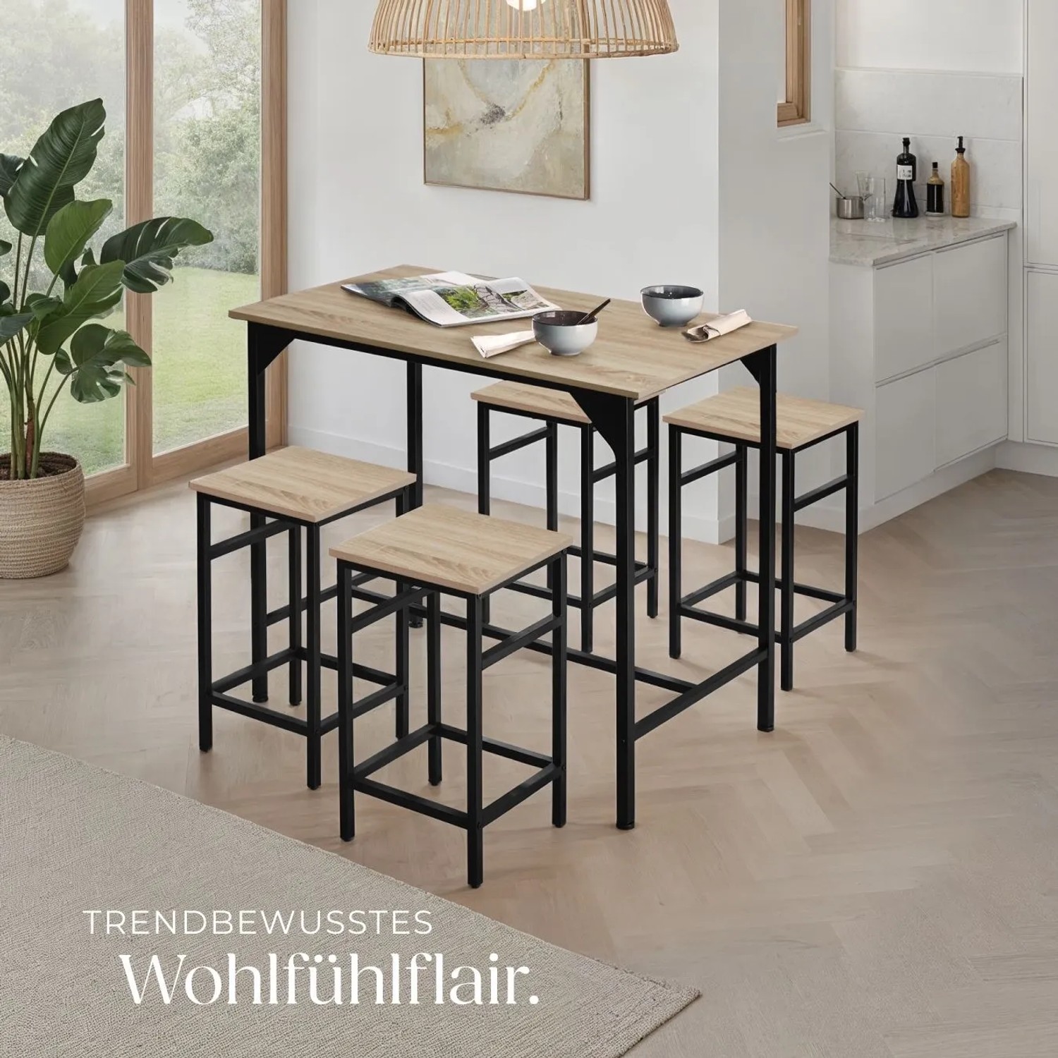 Tectake Bartisch-Set Edinburgh, 5-teilig, mit Tisch und 4 Hockern in Eiche Sonoma Optik.