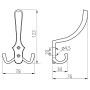 Technische Zeichnung des SOTECH Garderobenhakens LENA, 2-fach, lang. Ansicht mit Maßen: Höhe 122 mm, Breite 78 mm, Tiefe 76 mm.