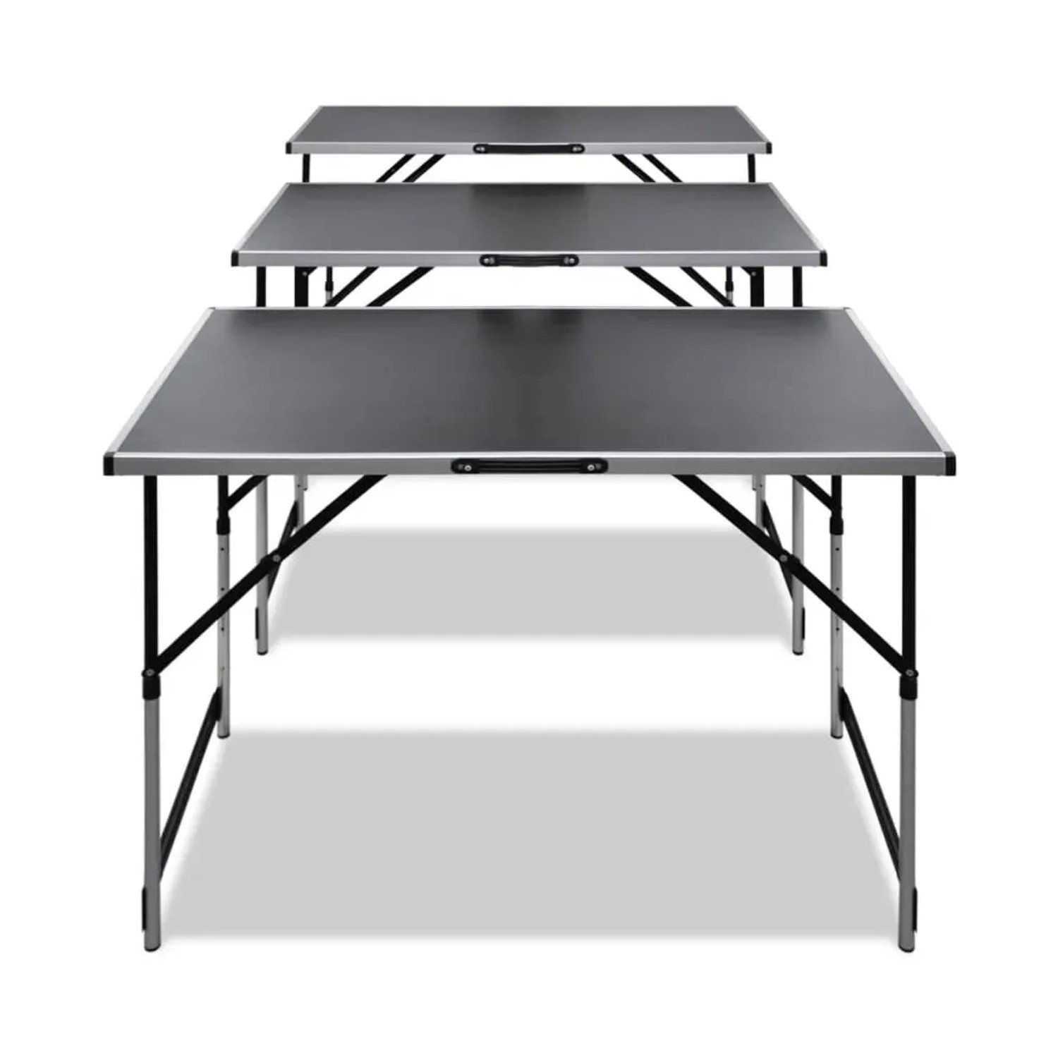 vidaXL Tapeziertisch, 3 klappbare, höhenverstellbare Tische mit schwarzer MDF-Platte und Aluminiumgestell.