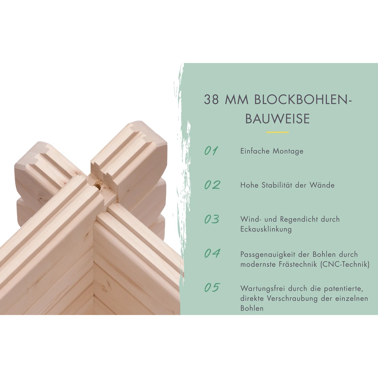 Detailaufnahme Blockbohlen-Bauweise des Karibu Holz-Gartenhauses, unbehandelt.