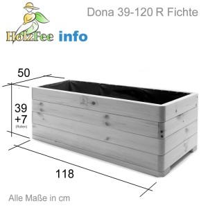 Massiver HolzFee Pflanzkasten Dona aus Fichtenholz, 118x50x46 cm, mit Rollen und schwarzem Liner.