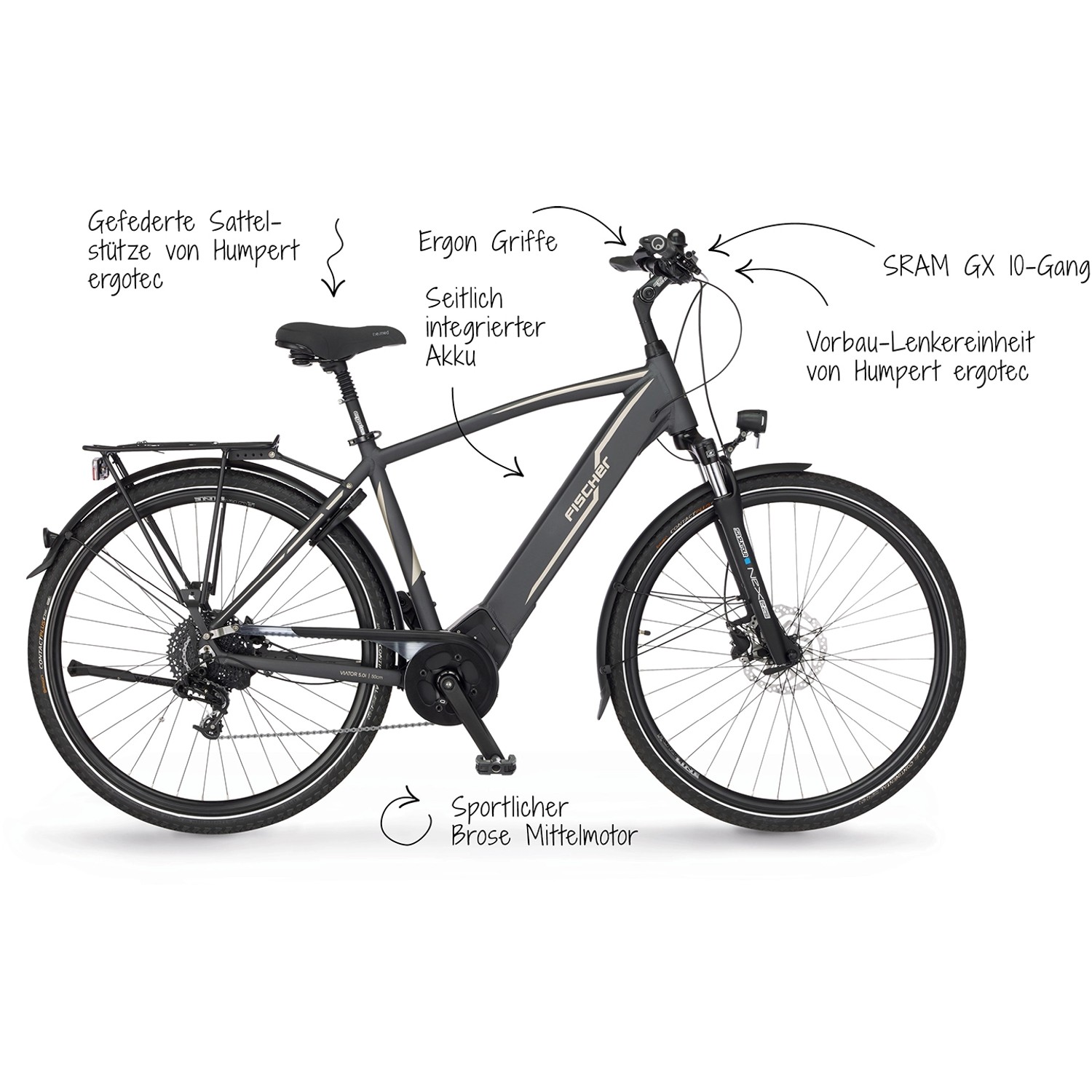Graues Fischer E-Bike Viator 5.0i mit Brose Mittelmotor und integriertem Akku.