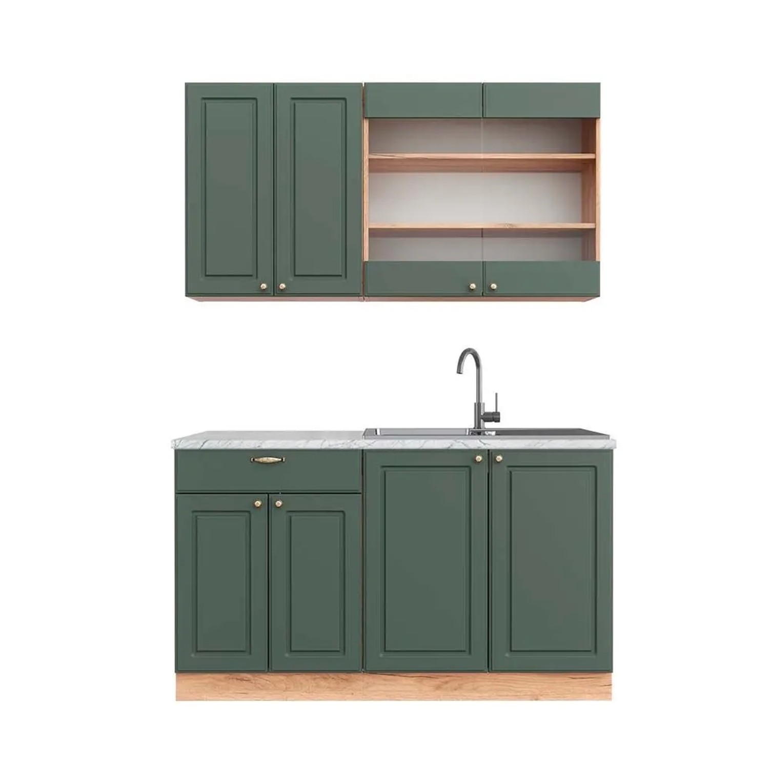 Vicco Fame-Line Singleküche Grün-Gold Landhaus Goldkraft Eiche 140 cm AP Marmor ohne E-Geräte