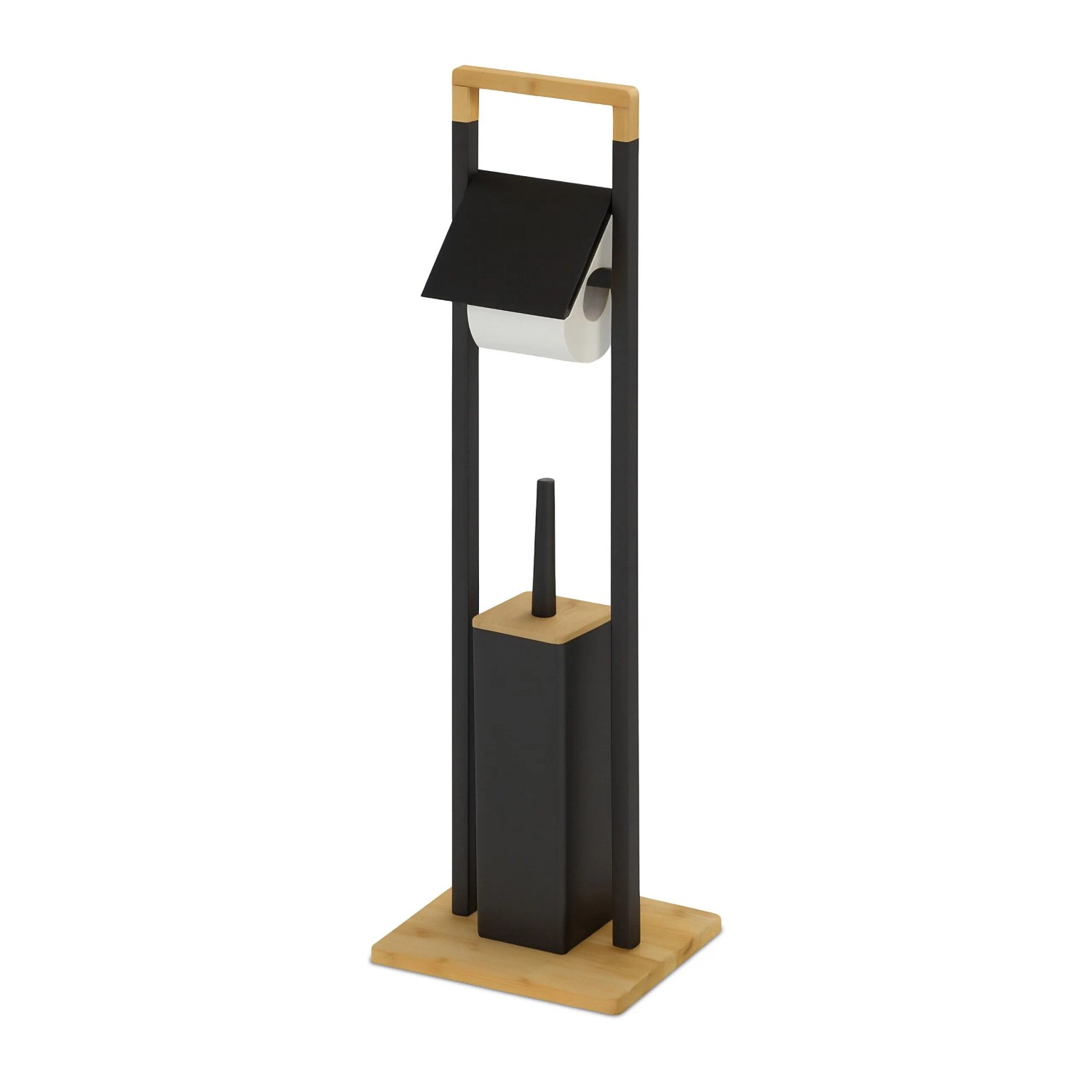 Relaxdays WC Garnitur Edelstahl Bambus Schwarz Freistehend 76,5 cm x 28 cm x 18 cm 1,2 kg