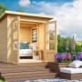 Karibu Holz-Gartenhaus Sitten, unbehandelt, mit Pultdach und offenen Doppeltüren auf Holzterrasse.