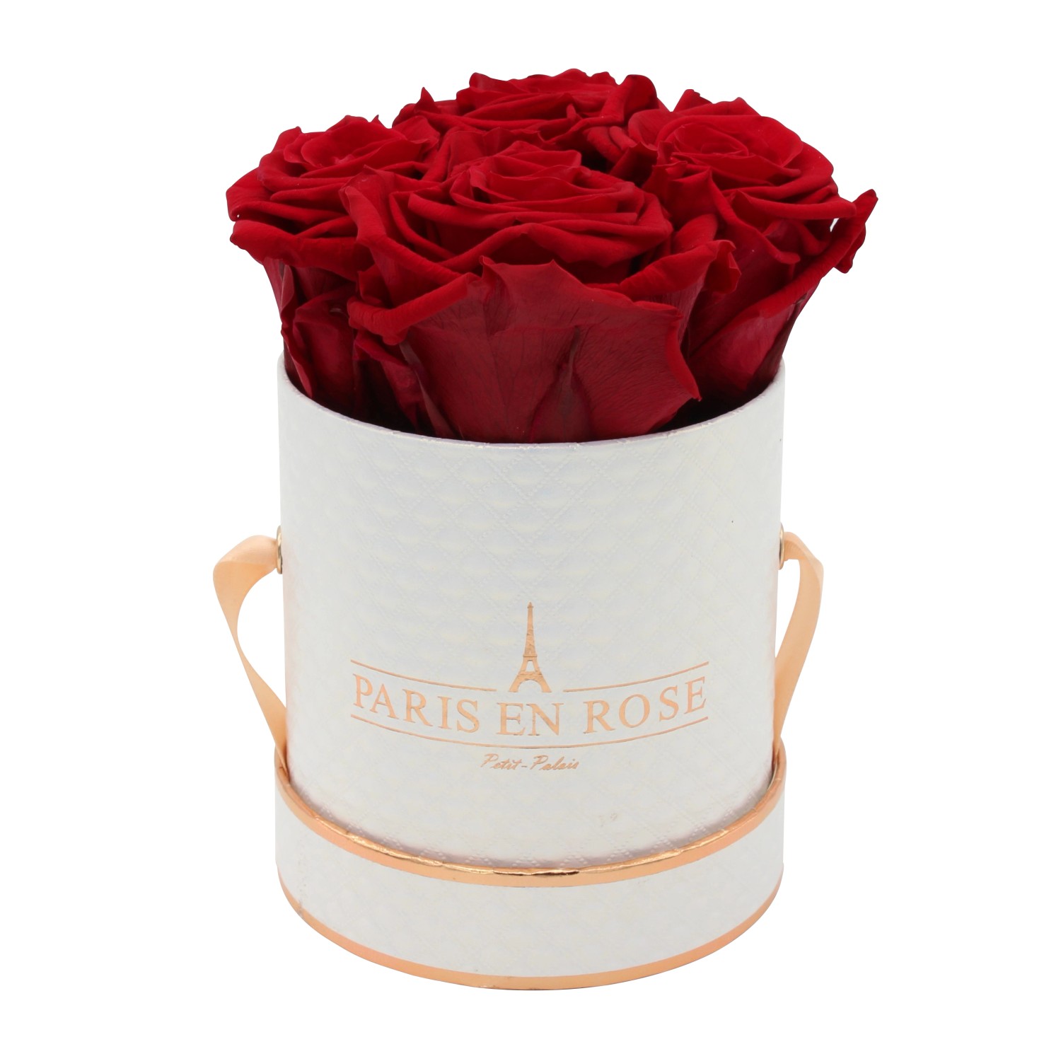 Rosenbox Ø 10 cm Weiß-Roségold Deluxe mit 4 Bordeaux Rosen