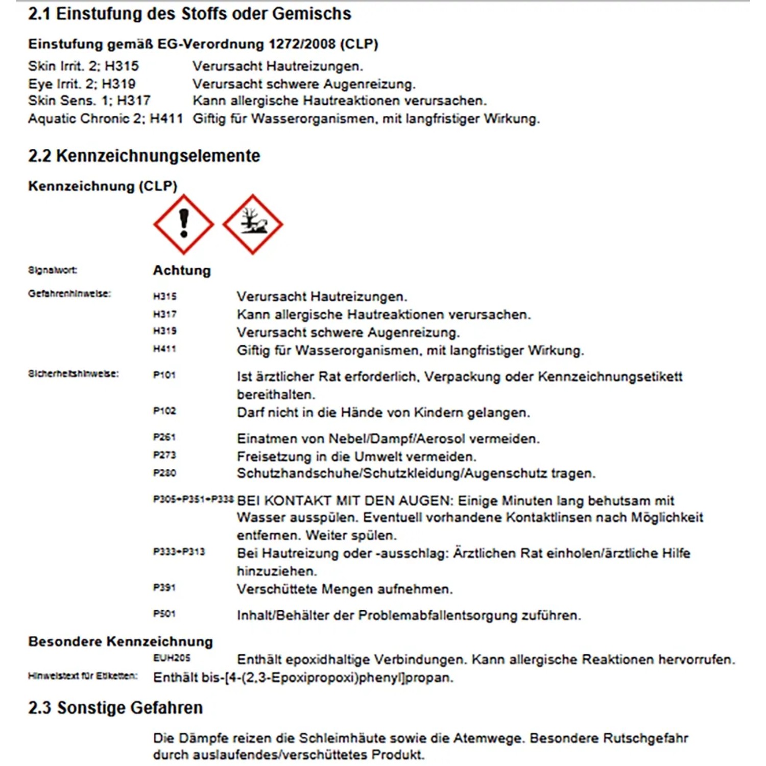 Sicherheitshinweise und Gefahrenzeichen gemäß CLP-Verordnung für chemische Produkte.