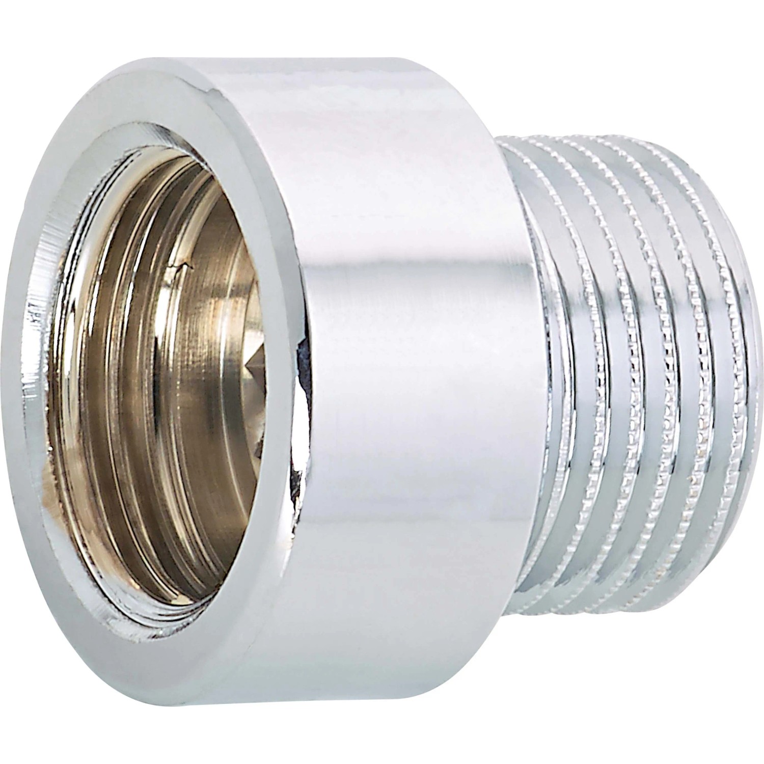 Verchromte Hahnverlängerung aus Messing, Gewindefitting für Wasser- und Heizungsinstallation.