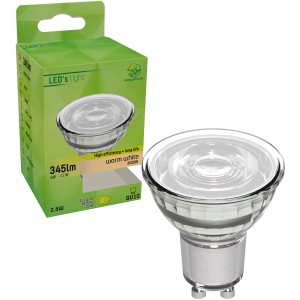 Klarer GU10 LED-Spot MR16, 2,5W, 5 cm Durchmesser, warmweißes Licht, mit Verpackung.