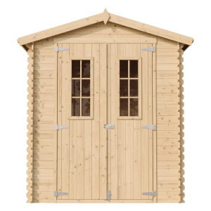Timbela Holz-Gartenhaus M367C, beige-braun, mit Doppeltür und Fenster. Ideal für kleine Gärten.