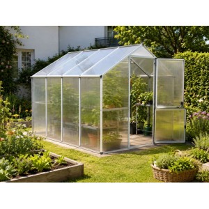 KGT Gewächshaus 6,81 m² mit transparenten Doppelstegplatten, offener Tür, Pflanzen und Satteldach im Garten.