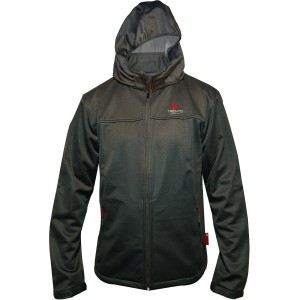 Schwarze Herren Softshelljacke (Größe M) mit Kapuze und Reißverschlusstaschen für Outdoor-Aktivitäten.