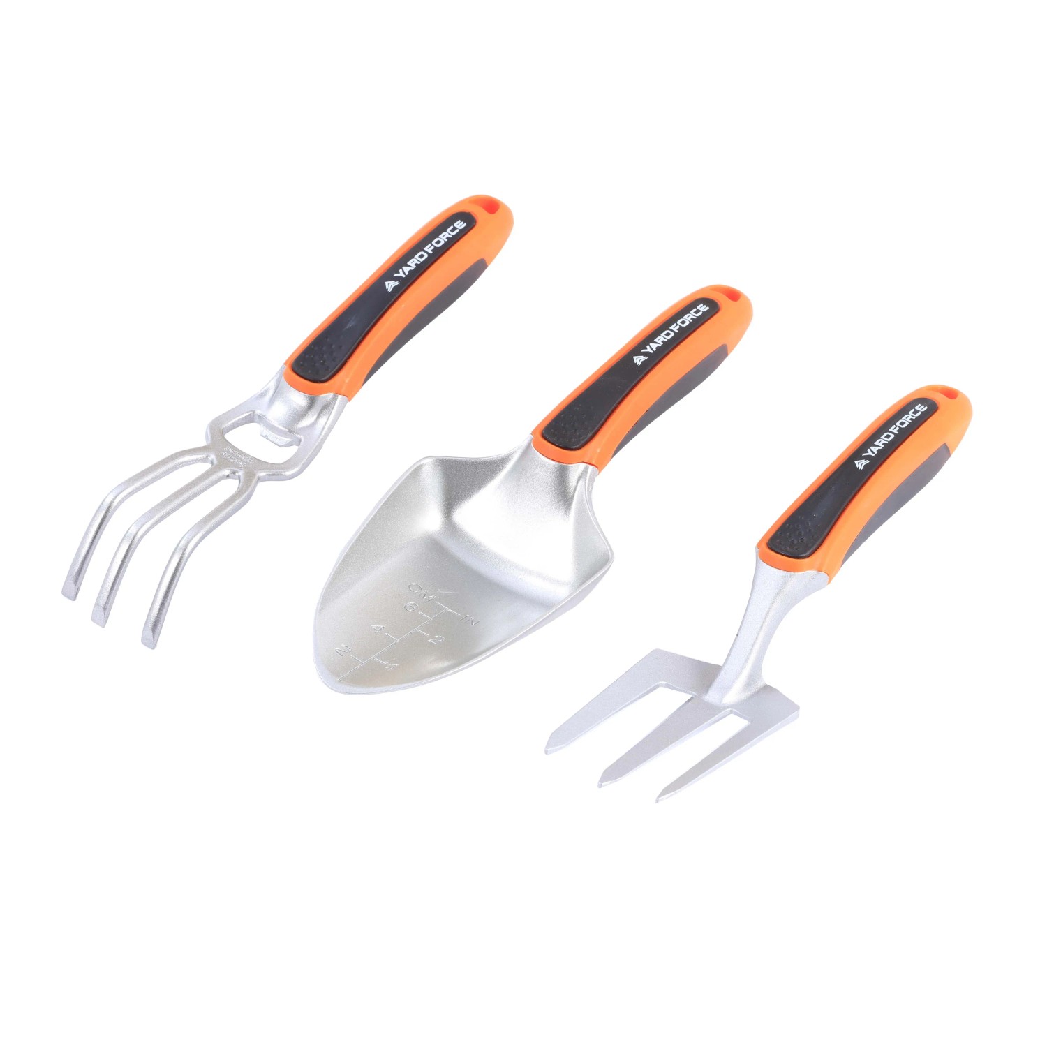 Yard Force Gartenwerkzeug-Set, 3-teilig: Handrechen, Schaufel und Grabegabel mit orange-schwarzen Griffen.
