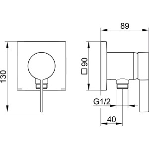 Technische Zeichnung Keuco IXMO SOLO Einhebelmischer 59552, eckig, Chrom, UP-Montage mit Schlauchanschluss.