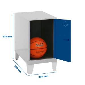 Blau-grauer PROREGAL Schließfachwürfel AMEGO mit Basketball. Garderobenschrank mit offenstehender Tür.