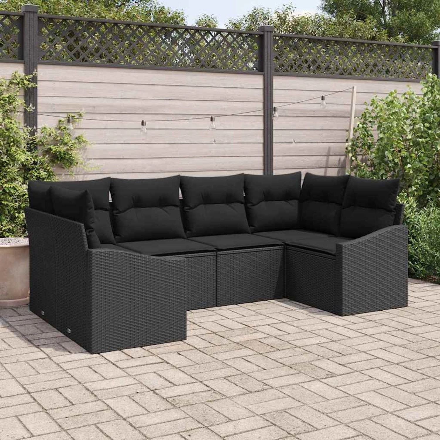Schwarzes 6-teiliges Garten-Sofa-Set aus Poly Rattan von vidaXL für den Außenbereich.
