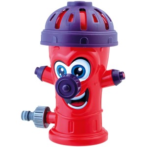 Roter Happy People Wassersprinkler Hydrant mit Gesicht und lila Details für Kinder.