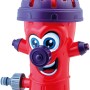 Roter Happy People Wassersprinkler Hydrant mit Gesicht und lila Details für Kinder.
