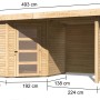 Karibu Holz-Gartenhaus Linköbing, naturbelassen, mit Pultdach und Maßangaben.