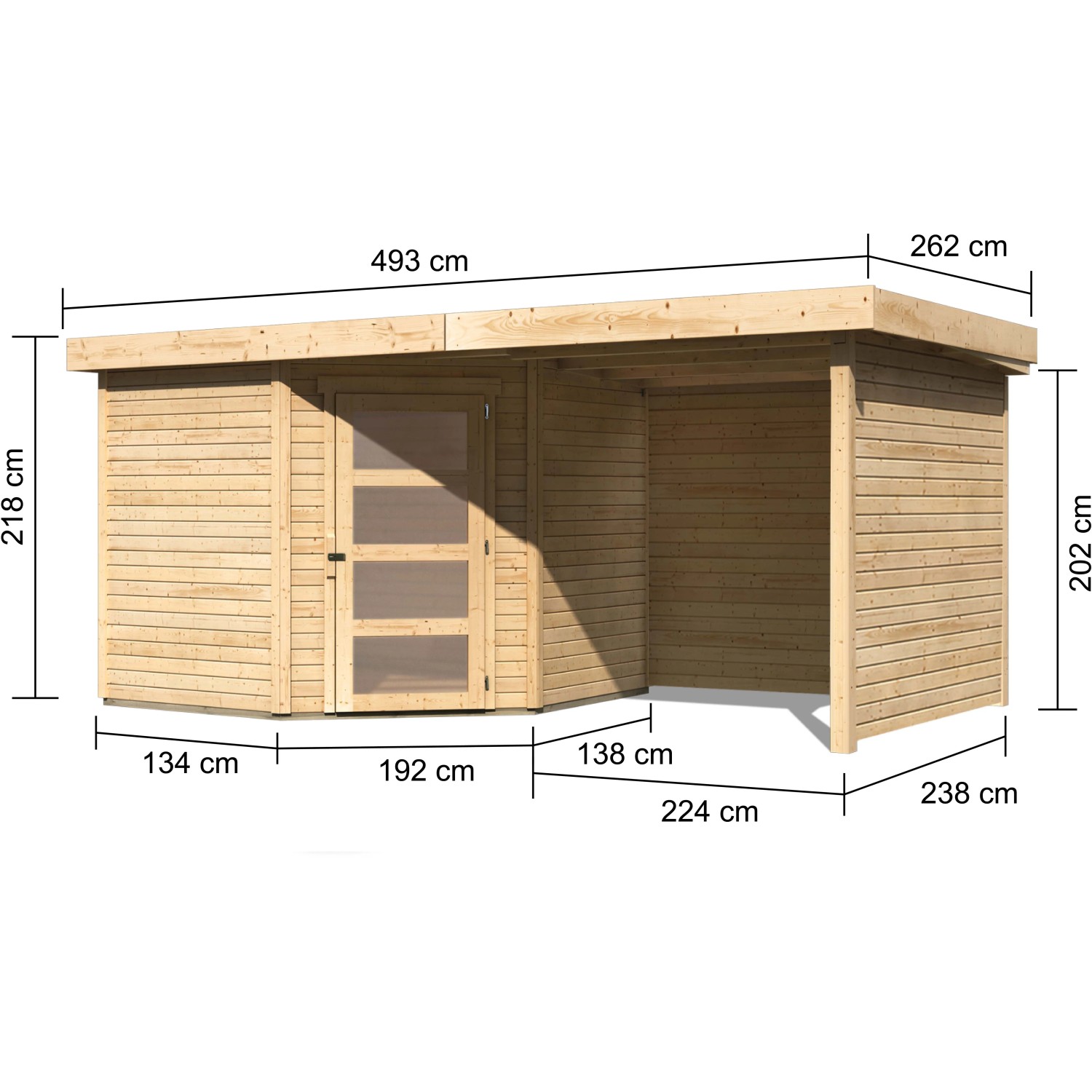 Karibu Holz-Gartenhaus Linköbing, naturbelassen, mit Pultdach und Maßangaben.