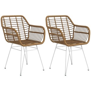 HOMCOM Esszimmerstühle 2er Set: braune Polyrattan-Sitzschalen, geneigte Rückenlehne, weiße Metallbeine.